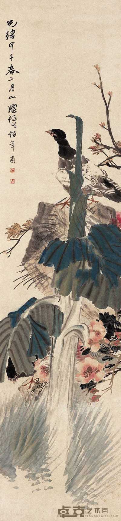 任伯年 1864年作 芭蕉锦鸡图 立轴 31×133cm